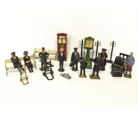Selection of lead railway related figures and accessories by Britains and others, includes scales, 2 x bench, sack truck and 