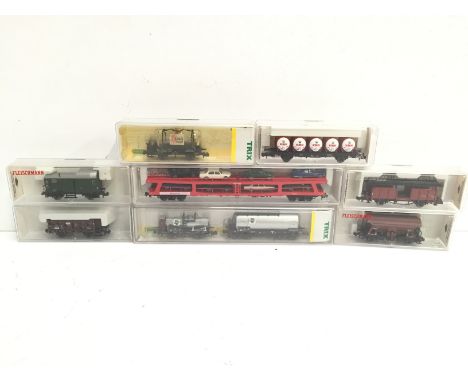 FLEISCHMANN N/MINITRIX - 9 x Freight Wagons - Fleischmann 8296K Car Transporter and Car Load, 8230K Barrel Wagon, 8886 Acid P