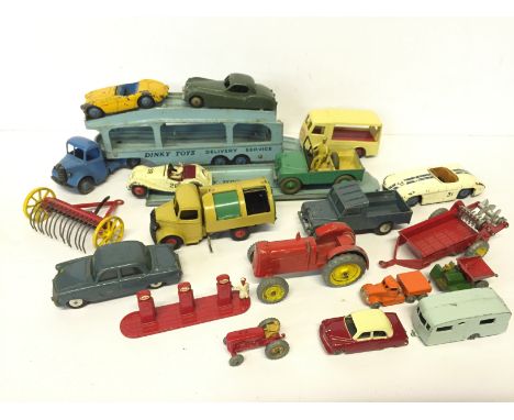 Selection of Dinky, Matchbox and Corgi models, includes Matchbox 4 Massey Harris Tractor and Dinky 157 Jaguar in green with b
