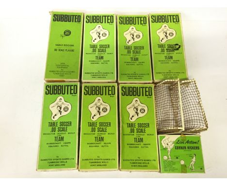 Seven Subbuteo Teams, includes Bournemouth (some regluing to bases), overall complete with three figures unattached from base