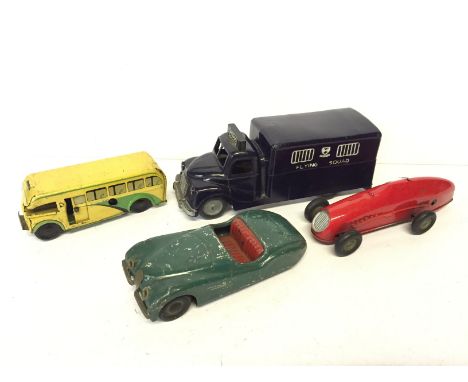 Triang Minic 13M Racing Car, clockwork tinplate model (G/F, lacks cockpit). Together with Scalex Minimodels Jaguar XK120, Wel