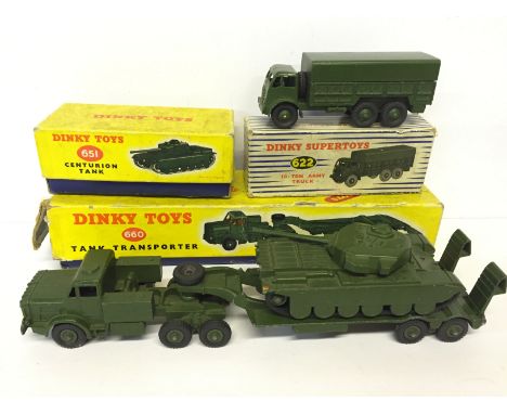 Three Dinky Toys military models: 622 10-Ton Army Truck; 651 Centurion Tank; 660 Tank Transporter. Overall G in P-G boxes. 