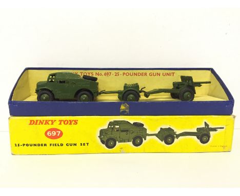 Dinky Toys 697 25-Pounder Field Gun Set, comprising Field Artillery Tractor, Ammunition Trailer and Field Gun. G/VG in G box.