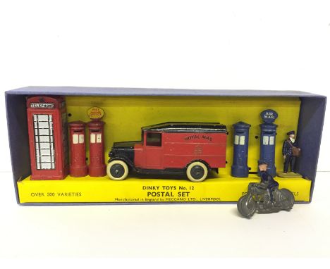 Dinky Toys No.12 Pre-War Postal Set, comprising: 34b Royal Mail Van, red body, open rear windows, black bonnet/wings/roof/hub