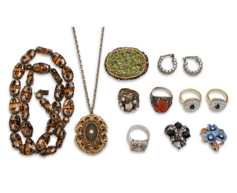 A Chinese carved cornelian, silver and cloisonne enamel ring, 20th c,&nbsp;and miscellaneous costume jewellery Ring and most 