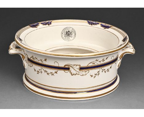 A Wood &amp; Brownfield earthenware warming stand, mid 19th c, 31.5cm over handles, black printed mark and Master's Patent No