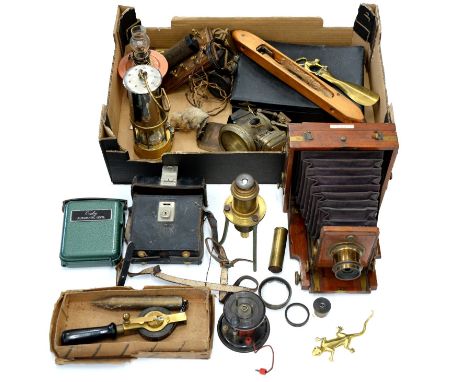 Miscellaneous metalware and bygones, 19th c and later, including brass mounted miner's lamp, stamped 31, cycle lamp, mahogany