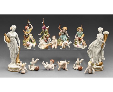 A pair of Capodimonte blanc de chine figures of muses, a set of the four seasons and eleven German porcelain models of cherub