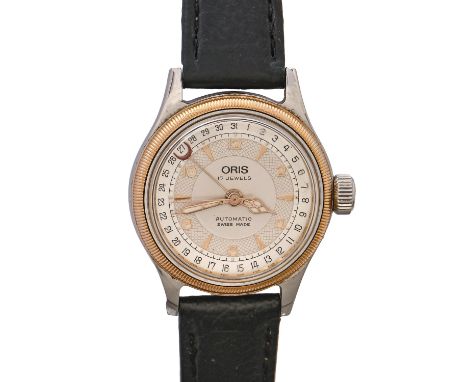 An Oris bi-metal self-winding gentleman's wristwatch with alarm, fenestrated back, 32mm diam Good condition and working order