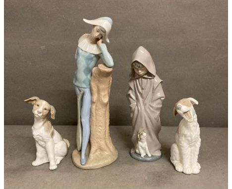 A selection of four Nao figures to include a pair of dogs and a harlequin 