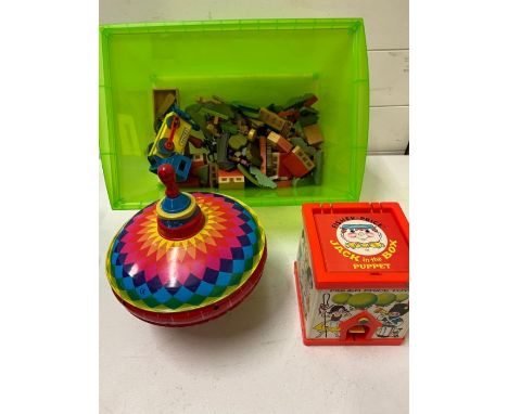 Vintage children's toys, spin top, Biro wooden houses etc 