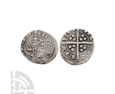 1300-1310 A.D. Class 4b. Obv: facing bust with pellet on breast and EDWA R ANGL DNS HYB legend. Rev: long cross and pellets d