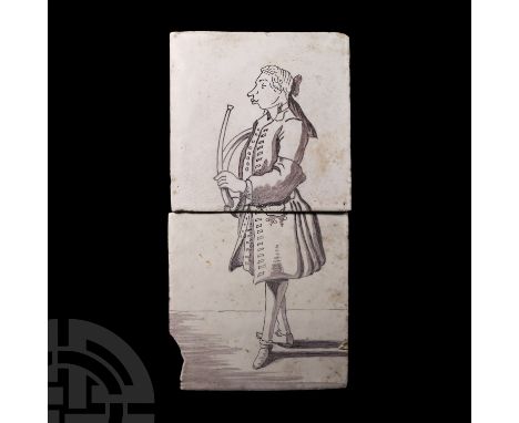 Circa 17th-18th century A.D. Mauve-glazed and depicting a man playing a French horn. 470 grams total, 13 x 13 cm each (5 2/8 
