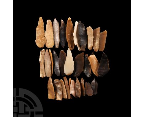Neolithic Period, 6th millennium B.C. Comprising 30 projectile points. 85 grams total, 23-52 mm (7/8 - 2 in.). Ex Arthur Halc