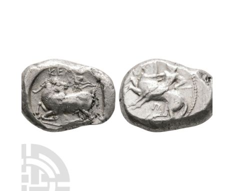 450-400 B.C. Obv: Ephebus, unbearded, naked, holding whip, sitting sideways on horse galloping left; P below. Rev: KELE above