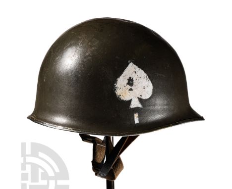 1950-1970 A.D. or later. American Vietnam War era helmet with composition liner with leather lining; leather and fabric chin 