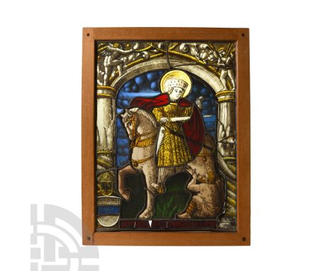 Basel, Switzerland, circa 1520 A.D. Shown beneath an arcade, offering his cloak on the end of his sword to the beggar at his 