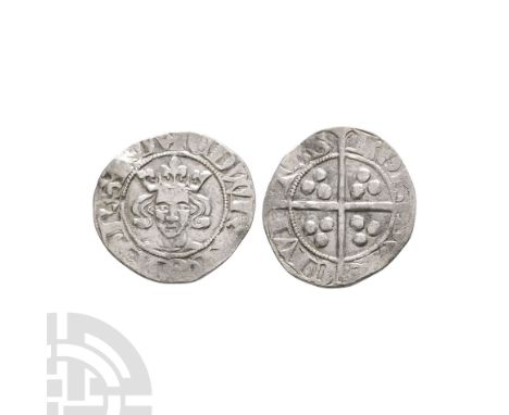 1344-1351 A.D. Third (florin) coinage. Obv: facing bust with EDW R ANGL DNS HYB legend. Rev: long cross and pellets dividing 