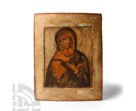 Circa 1800 A.D. In polychrome within a shallow rectangular recess, framed by a red border; both figures shown nimbate, baby J