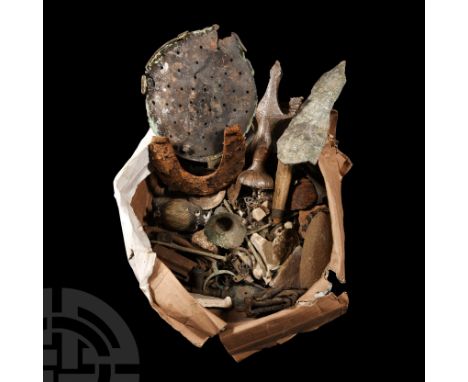 Circa 15th century A.D. and later. Comprising a variety of complete and fragmentary objects including: coins; clothes fitting