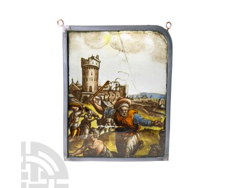 France, circa 1500 A.D. or later. With painted scene of an overseer with a scourge and team of harvesters outside a fortified