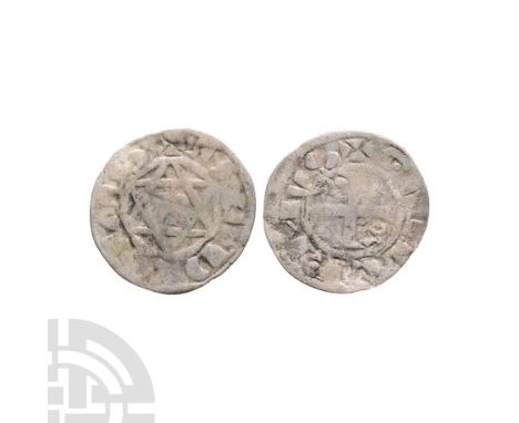 1207-1234 A.D. Deols mint. Obv: cross pattée; lis in first and fourth quarters with GVIL?RMVS legend. Rev: hexagram with cent