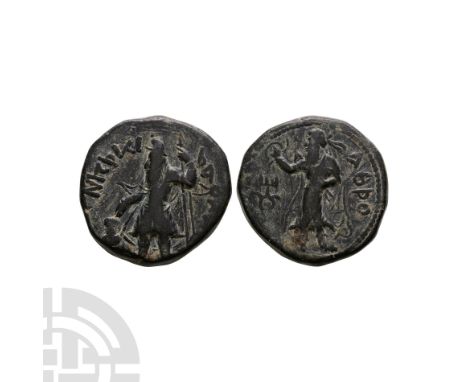 127-151 A.D. Obv: PAO KANHPKI legend with Kanishka standing left, holding trident in left hand and sacrificing over altar to 