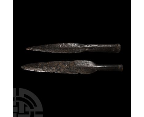 10th-12th century A.D. Comprising two short Baltic Prussian spearheads with lentoid-section lanceolate blade, short neck and 