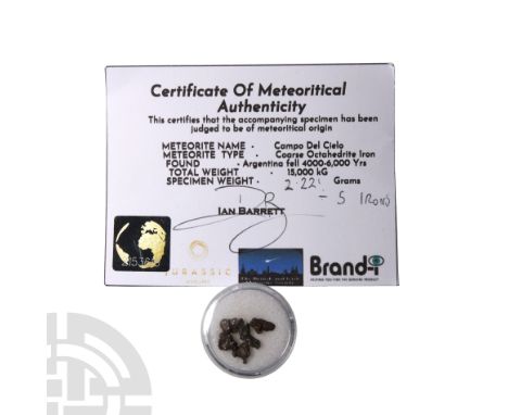Fell 6000-5000 years B.P. Comprising five iron (IAB) meteorites held in a plastic display case with identification label. See