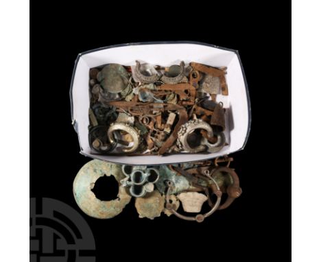 Circa 15th-20th century A.D. Comprising: a glazed ceramic lamp; silver-coloured bangles; jewellery items; weights; lock eleme