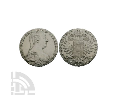 19th century A.D. Re-strike issue. Obv: profile bust with S F below and M THERESIA D G R IMP HU BO REG legend. Rev: crowqned 