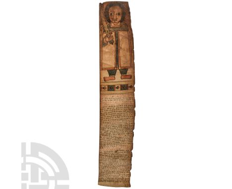 Early 19th century A.D. Comprising a folded length of thin leather or vellum, with lines of Ge'ez text in black and red ink, 