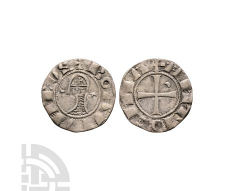 1163-1201 A.D. Obv: profile bust with BOAHVNDVS legend Rev: small cross with crescent in first quarter and ANTIOCNIA legend. 