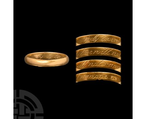 Circa 18th century A.D. The D-section hoop with plain exterior, the interior inscribed 'Godly love will not remove', followed
