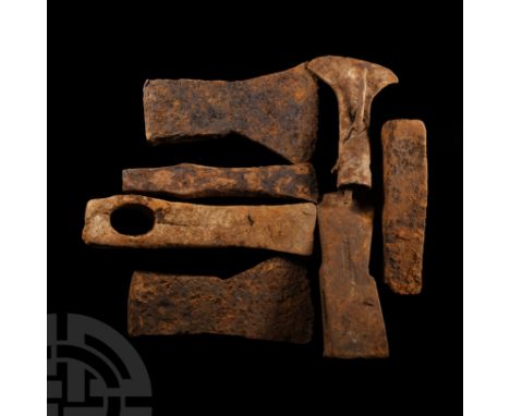 15th-17th century A.D. Comprising socketted axe heads of various types, most with convex cutting edges. 5.4 kg total, 13-21 c