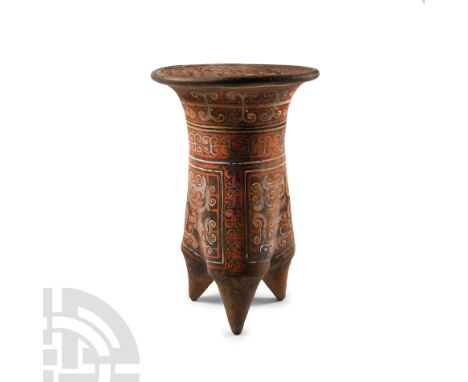 Neolithic, circa 23rd-15th century B.C. Composed of three hollow conical feet, elongated body and everted rim, polychrome pai