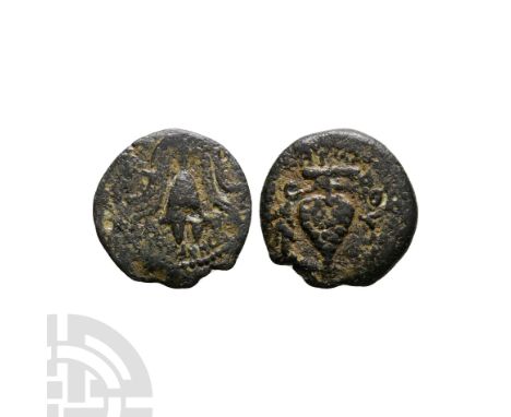 4 B.C.-6 A.D. Obv: crested helmet with caduceus below left ???????? below. Rev: bunch of grapes with ??W??? around. Hendin 11