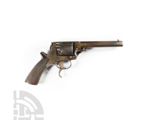 From 1860 A.D. Solid frame, double trigger 54 bore revolver with 15cm (6) barrel, five-shot cylinder bearing London proof mar