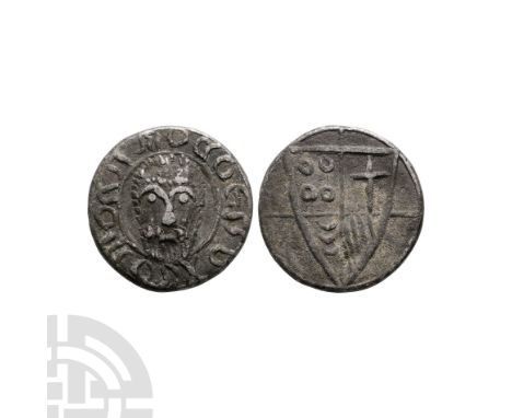 19th century A.D. Obv: facing bearded head with gibberish legend. Rev: heraldic arms quartered with four annulets, a sword, t