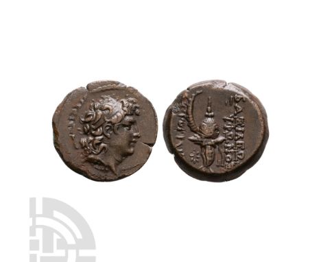 142-138 BC. Antioch mint. Obv: diademed head of Tryphon right. Rev: BASILEWS TRYFANOS AYTOKRATOROS to right and left of a Mac