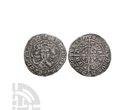 1465-1466 A.D. First reign, light coinage. Obv: facing bust with quatrefoils at neck within tressure with EDWARD DI GRA REX A