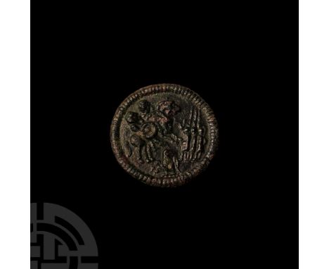 2nd century A.D. Imitating Hadrian's sestertius adlocutio, the emperor with a companion (or Castor and Pollux) on horseback, 