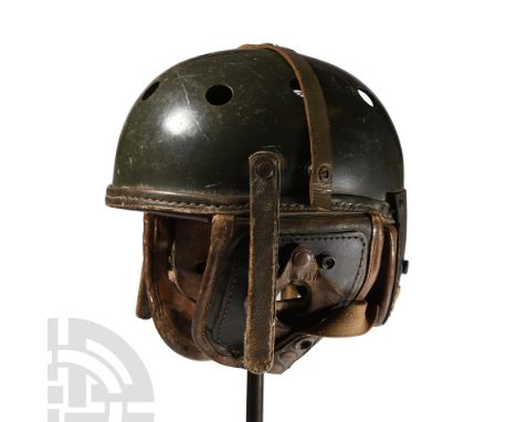 Circa 1940's A.D. Rawling's pattern M38 composition tank crew helmet with neck protection plate and ear-flaps, fitted with le