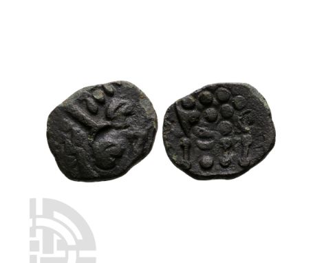 50 B.C.-50 A.D. Obv: wreath, cloak and crescents. Rev: disjointed horse right with pellet group above. Cf. ABC 2166 for gener