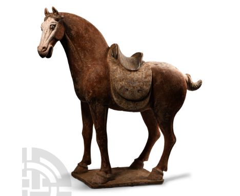 Tang Dynasty, 618-907 A.D. Modelled in the round with naturalistic anatomical detailing, standing on a rectangular base, with