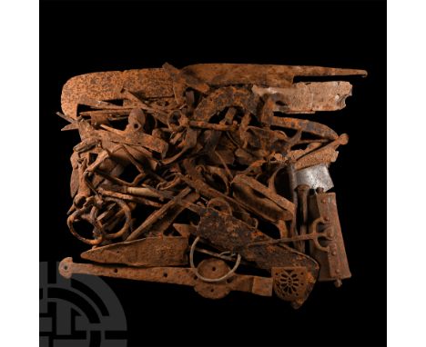 14th-16th century A.D. Composed of tools, cleavers, harness elements, strap hinges, fittings, nails and other miscellaneous i