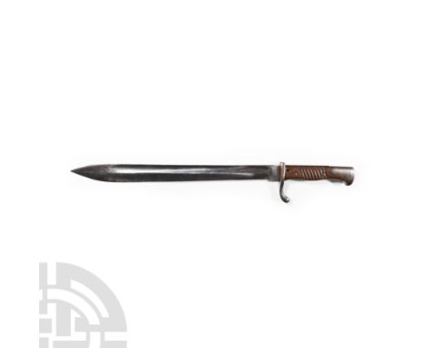 20th century A.D. Featuring a fullered blade with wood-scale hilt and press-release stud; stamped with a maker's mark and iss