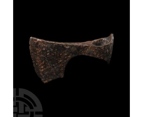 9th-13th century A.D. Finno-Ugrian with scooped socket, broad blade with extension to the lower edge, hole to the blade, poss