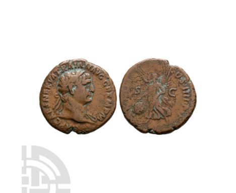 101 A.D. Rome mint. Obv: IMP CAES NERVA TRAIAN AVG GERM P M legend. Rev: TR POT COS IIII P P legend with Victory alighting le