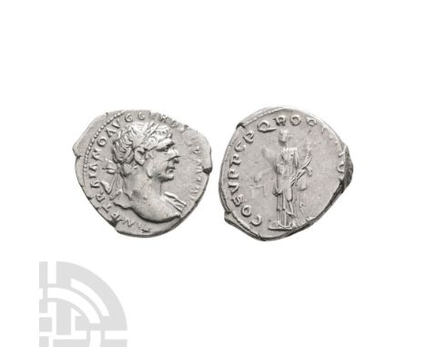 108 A.D. Rome mint. Obv: IMP TRAIANO AVG GER DAC P M TR P legend with laureate bust right. Rev: COS V P P A P Q R OPTIMO PRIN